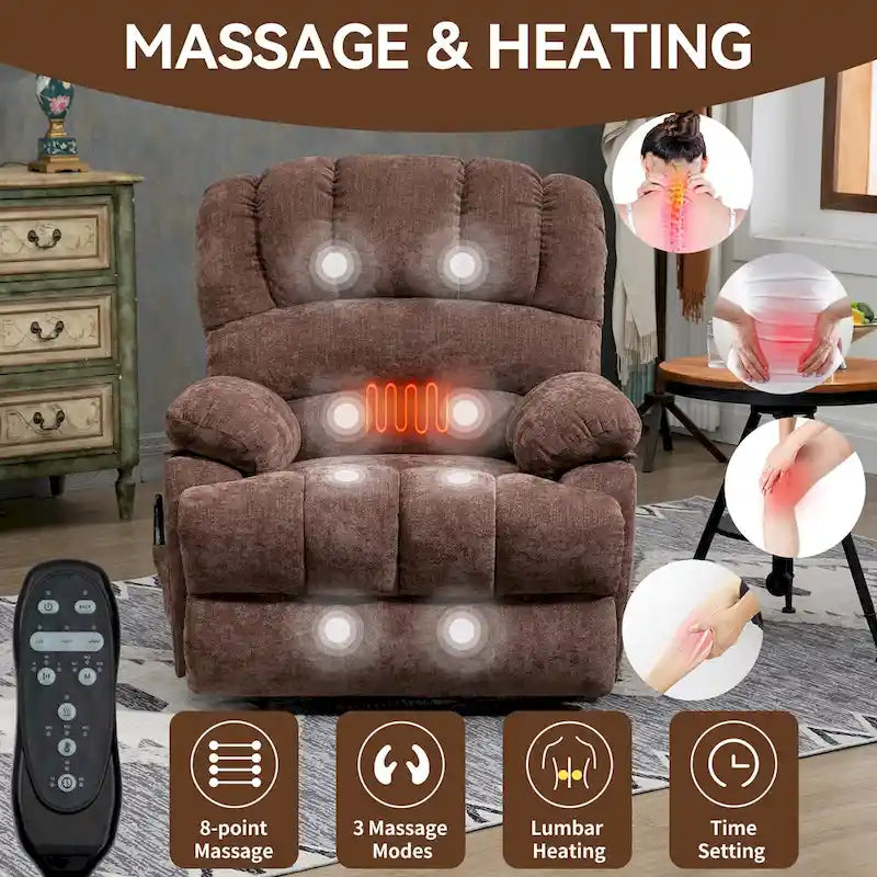 Fauteuil inclinable électrique surdimensionné en chenille avec fonction de levage, massage et chauffage lombaire, port de charge USB