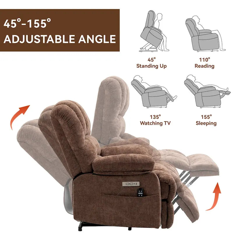 Fauteuil inclinable électrique surdimensionné en chenille avec fonction de levage, massage et chauffage lombaire, port de charge USB