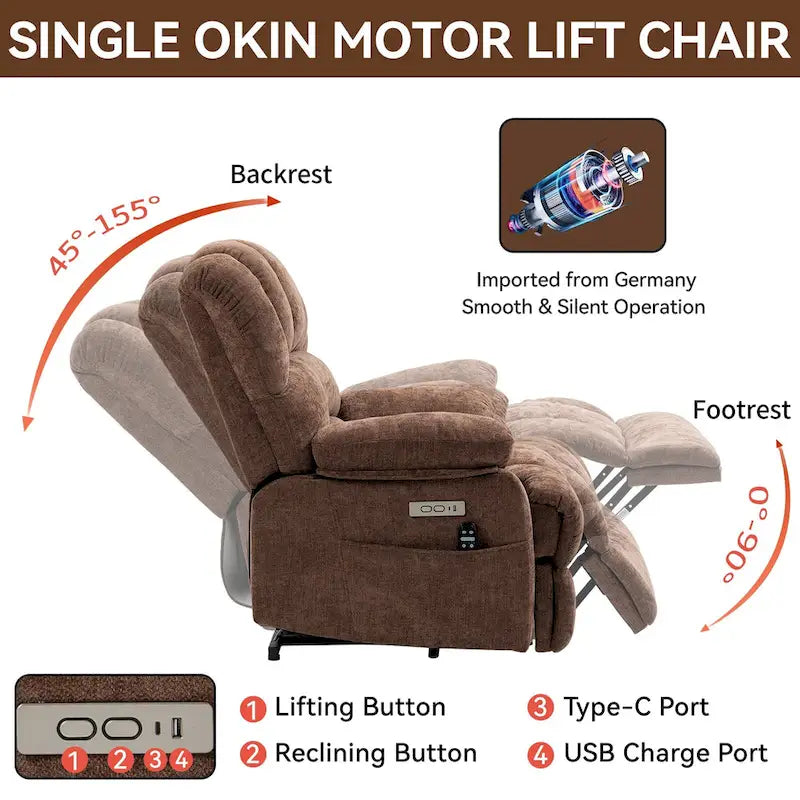 Fauteuil inclinable électrique surdimensionné en chenille avec fonction de levage, massage et chauffage lombaire, port de charge USB