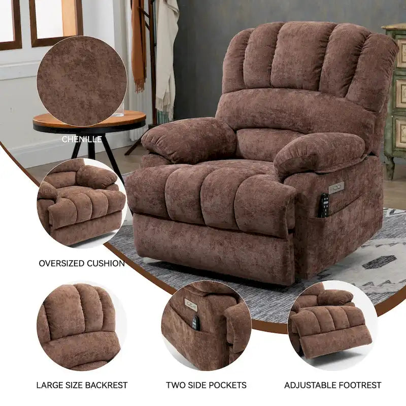 Fauteuil inclinable électrique surdimensionné en chenille avec fonction de levage, massage et chauffage lombaire, port de charge USB