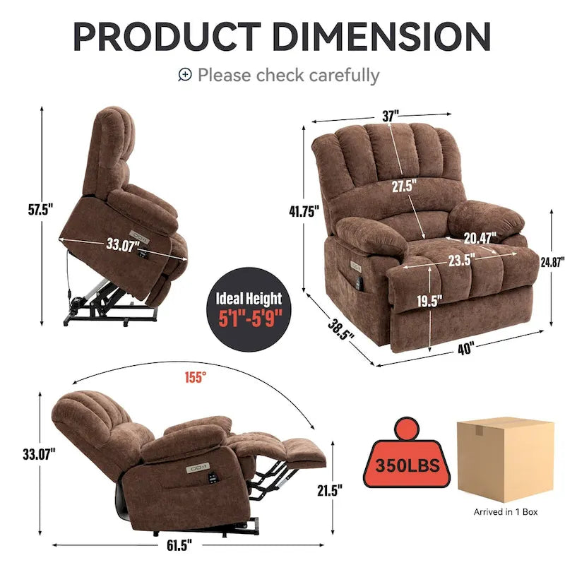 Fauteuil inclinable électrique surdimensionné en chenille avec fonction de levage, massage et chauffage lombaire, port de charge USB