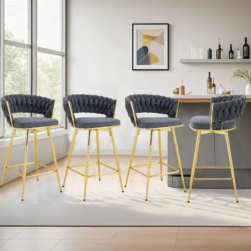 Un lot de 4 tabourets de bar rotatifs, équipés de coussins en lin respirant - Convient à la hauteur d'un îlot de cuisine.
