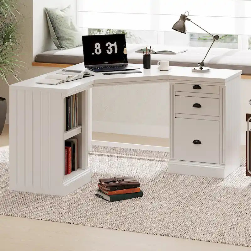 Bureau de direction moderne en L avec 3 tiroirs et étagères ouvertes pour bureau à domicile ou salle d'étude