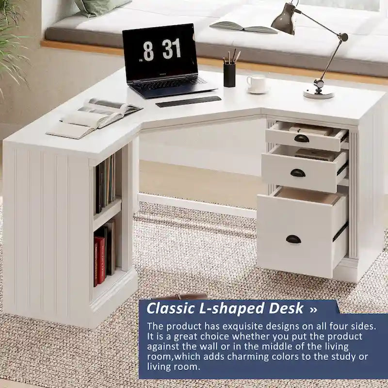 Bureau de direction moderne en L avec 3 tiroirs et étagères ouvertes pour bureau à domicile ou salle d'étude