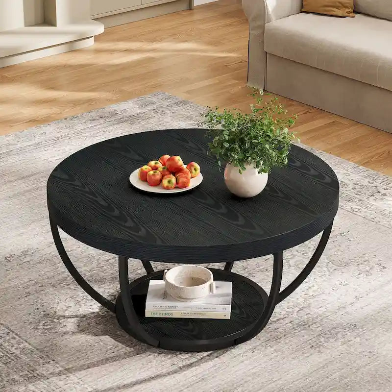 Table basse en bois, table basse de salon ronde à 2 niveaux avec étagères de rangement