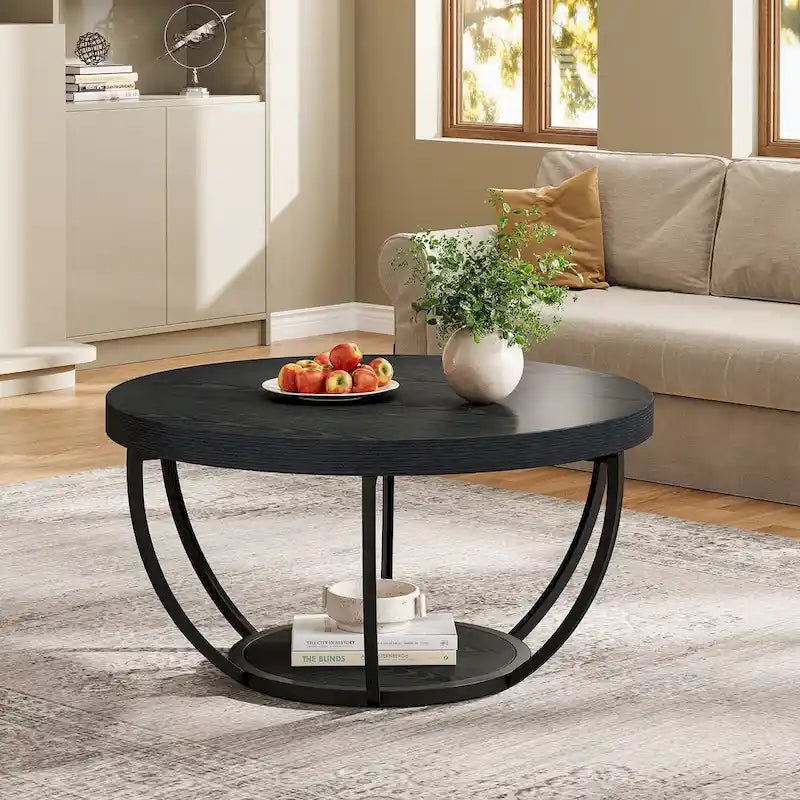 Table basse en bois, table basse de salon ronde à 2 niveaux avec étagères de rangement