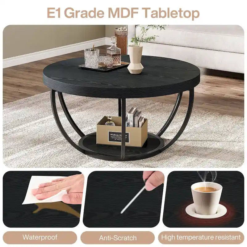Table basse en bois, table basse de salon ronde à 2 niveaux avec étagères de rangement