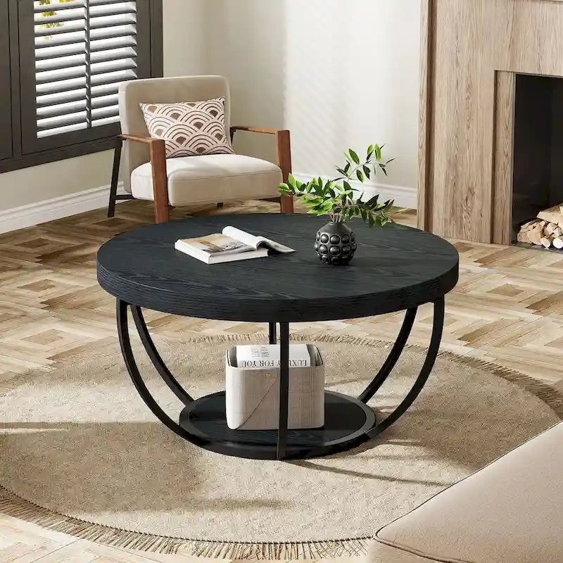Table basse en bois, table basse de salon ronde à 2 niveaux avec étagères de rangement