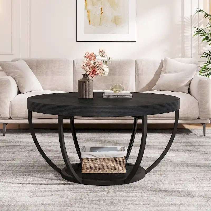 Table basse en bois, table basse de salon ronde à 2 niveaux avec étagères de rangement