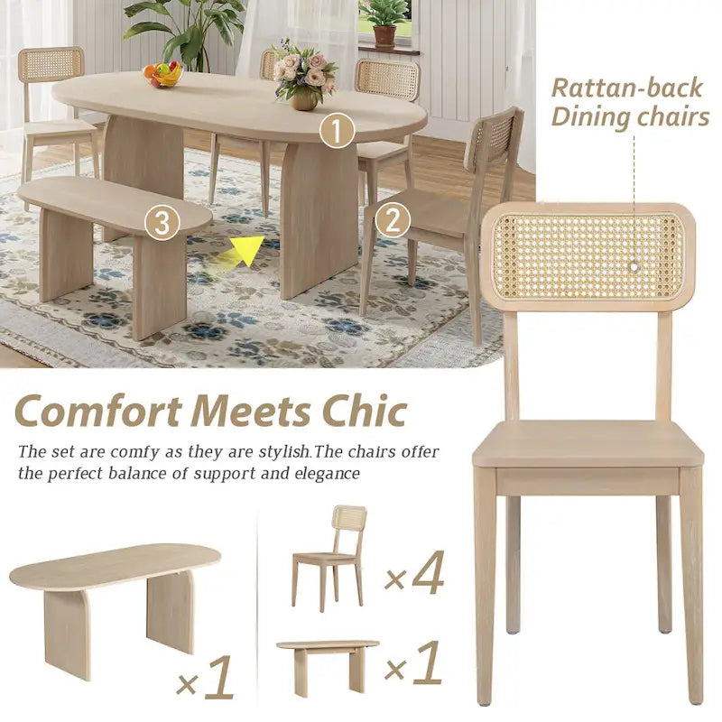Ensemble de salle à manger 6 placesTable de cuisine ovale et chaises à dossier en rotin