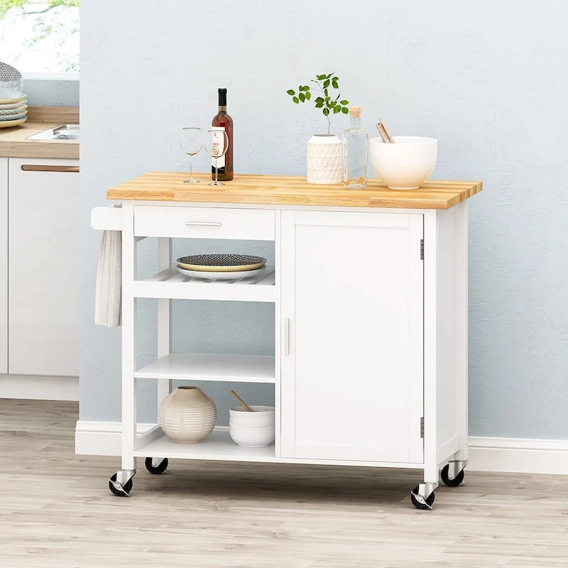 Desserte de cuisine roulante, chariot de rangement de cuisine avec plateau en bois, chariot de rangement domestique moderne avec porte, 3 étagères, tiroir