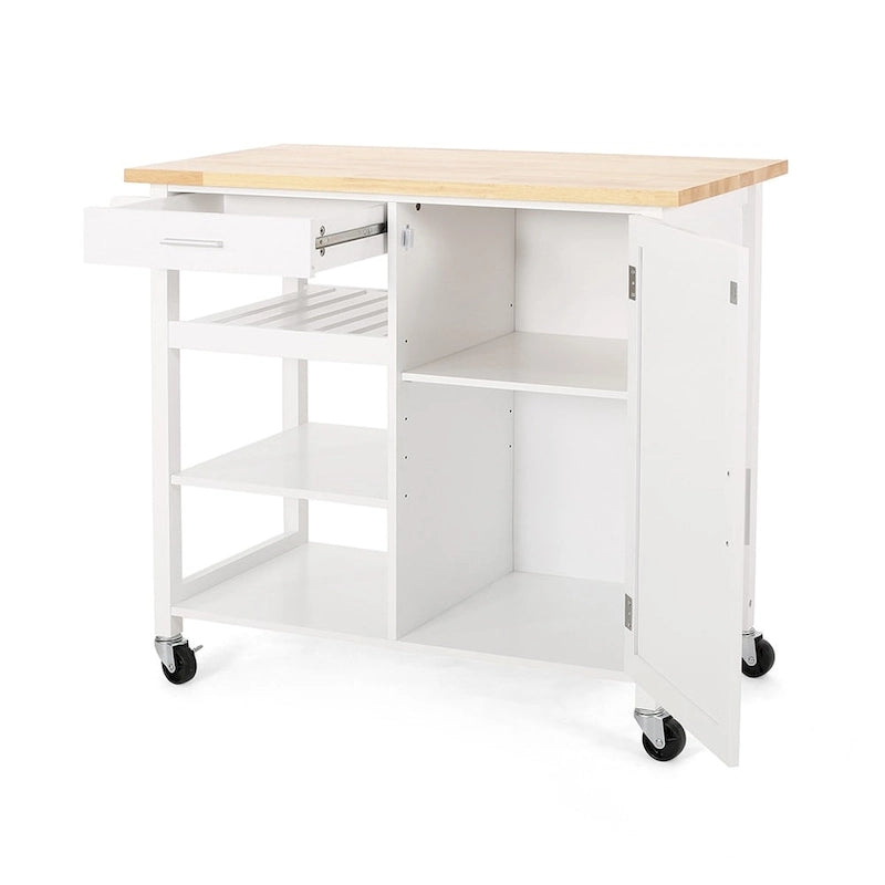 Desserte de cuisine roulante, chariot de rangement de cuisine avec plateau en bois, chariot de rangement domestique moderne avec porte, 3 étagères, tiroir