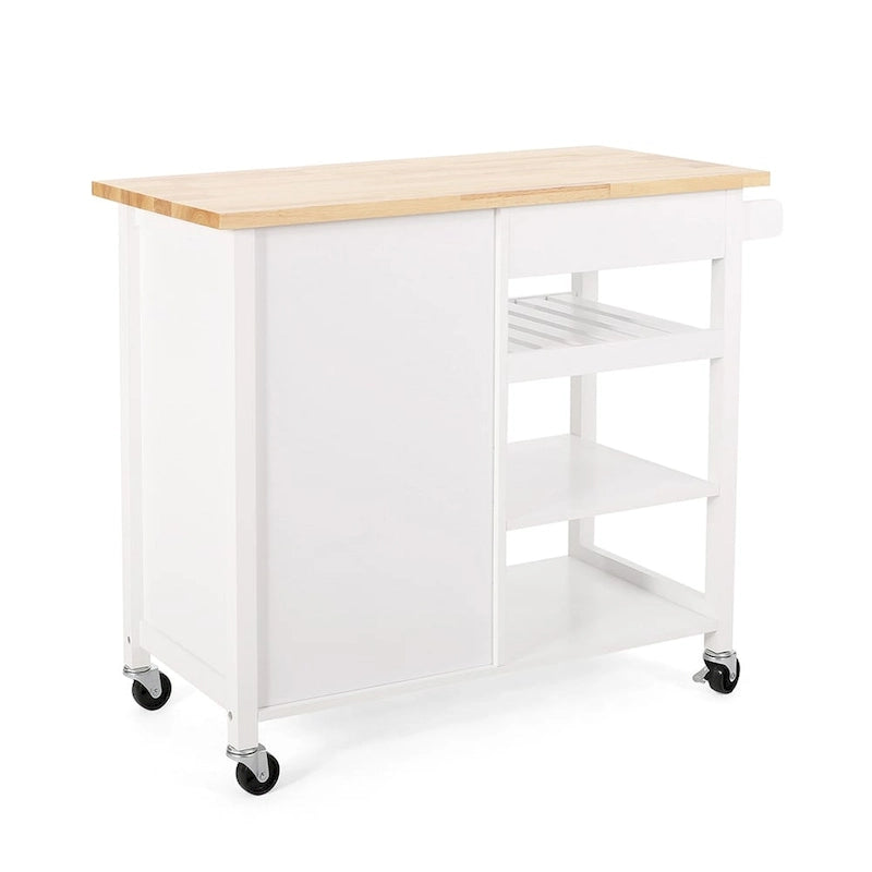 Desserte de cuisine roulante, chariot de rangement de cuisine avec plateau en bois, chariot de rangement domestique moderne avec porte, 3 étagères, tiroir