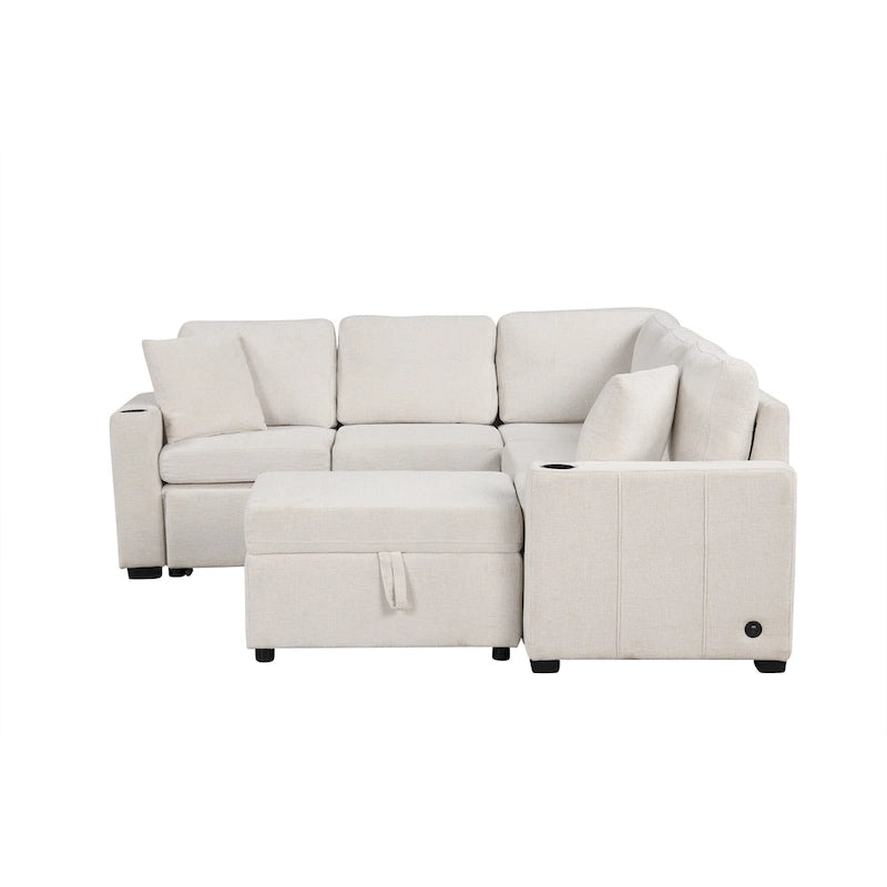 Narożna rozkładana sofa w kształcie litery L z funkcją relaksu, 2 portami USB, 2 gniazdkami elektrycznymi i ruchomą otomaną z pojemnikiem