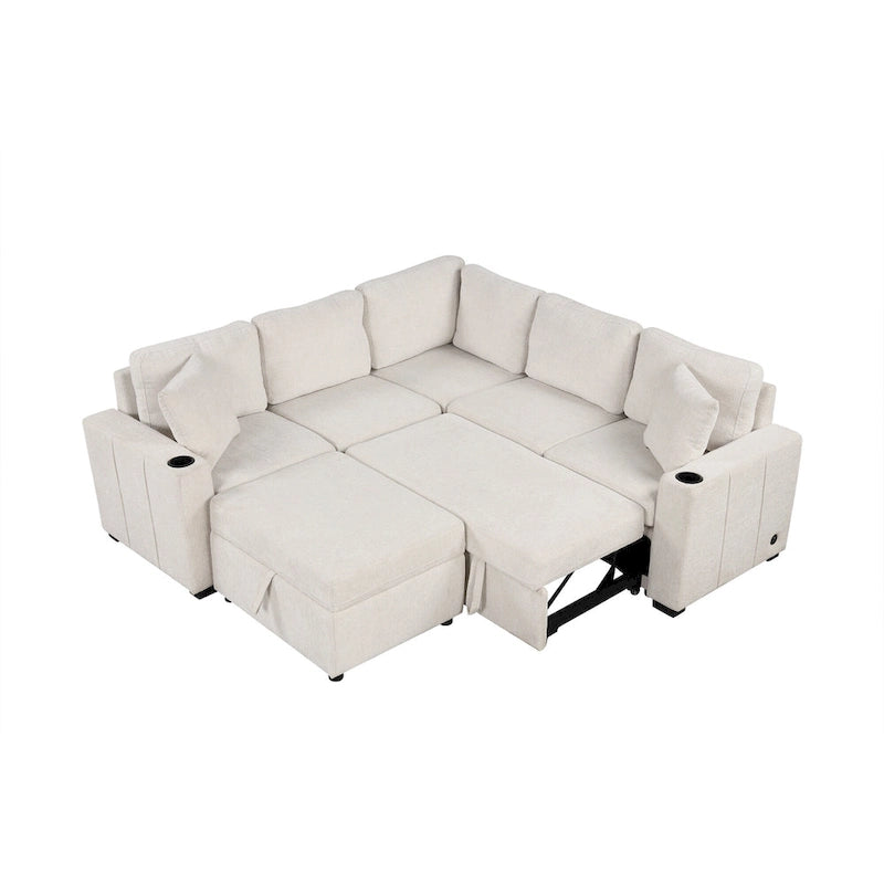 Narożna rozkładana sofa w kształcie litery L z funkcją relaksu, 2 portami USB, 2 gniazdkami elektrycznymi i ruchomą otomaną z pojemnikiem