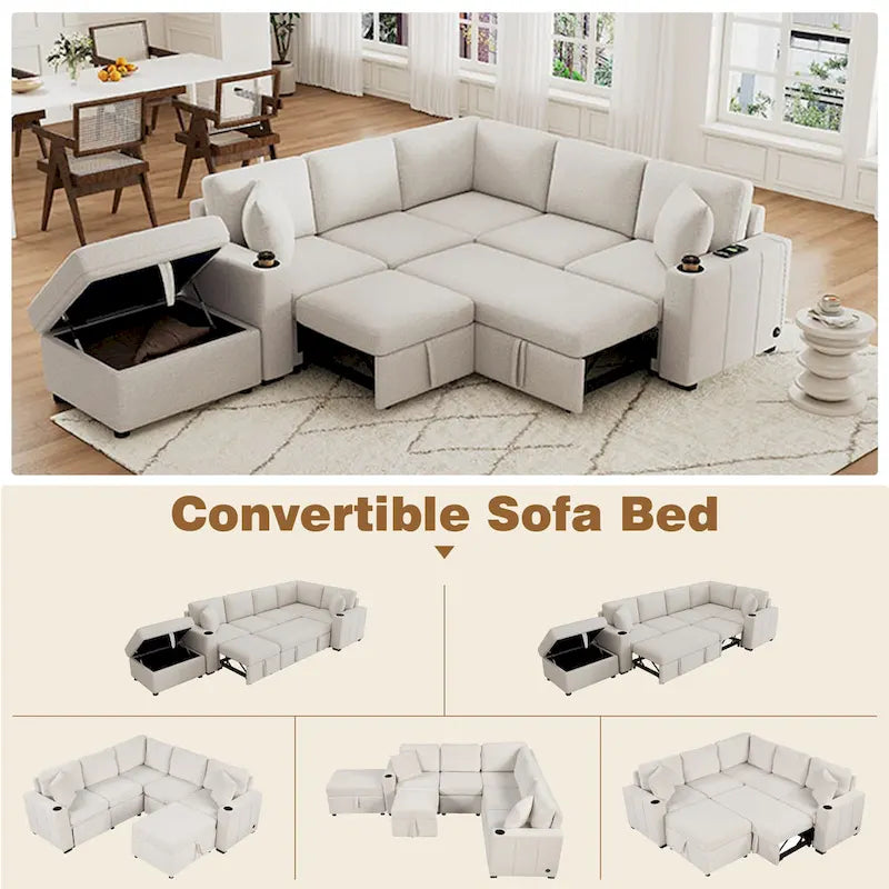 Narożna rozkładana sofa w kształcie litery L z funkcją relaksu, 2 portami USB, 2 gniazdkami elektrycznymi i ruchomą otomaną z pojemnikiem