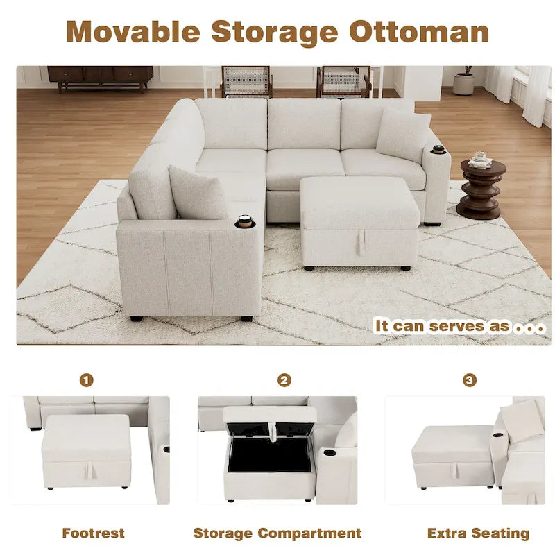 Narożna rozkładana sofa w kształcie litery L z funkcją relaksu, 2 portami USB, 2 gniazdkami elektrycznymi i ruchomą otomaną z pojemnikiem