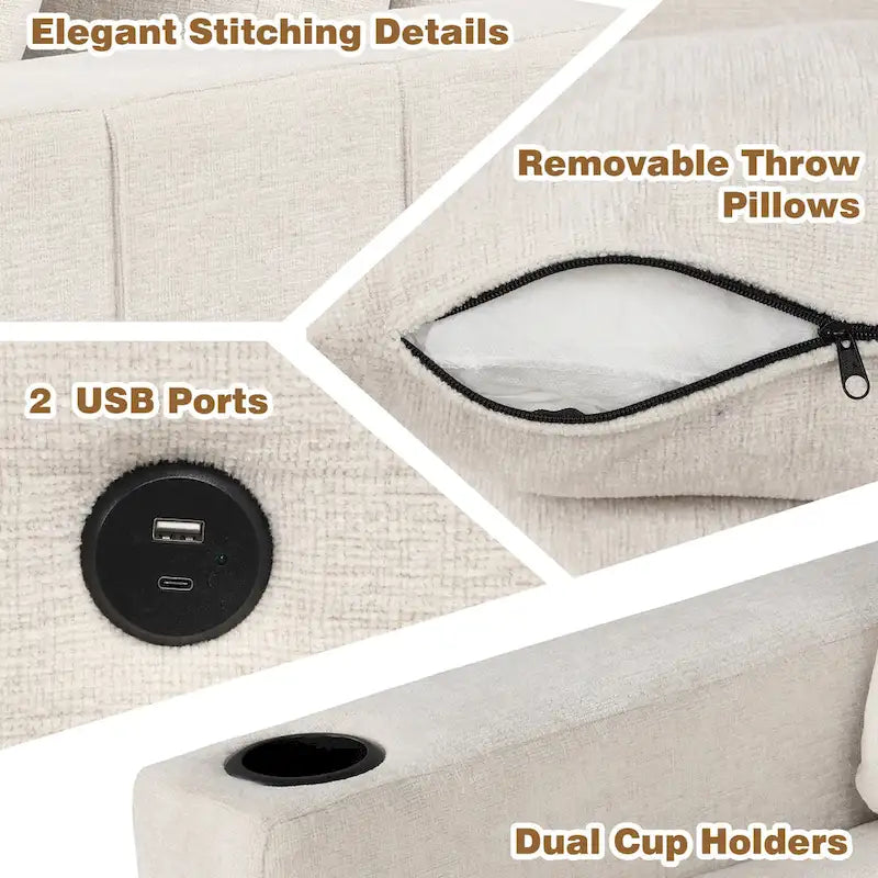 Narożna rozkładana sofa w kształcie litery L z funkcją relaksu, 2 portami USB, 2 gniazdkami elektrycznymi i ruchomą otomaną z pojemnikiem