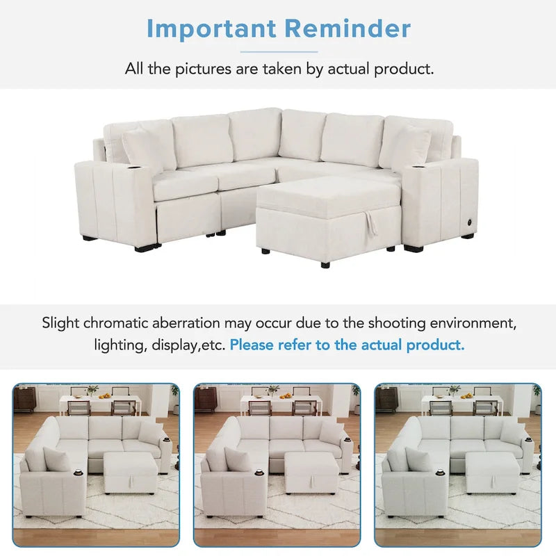 Narożna rozkładana sofa w kształcie litery L z funkcją relaksu, 2 portami USB, 2 gniazdkami elektrycznymi i ruchomą otomaną z pojemnikiem