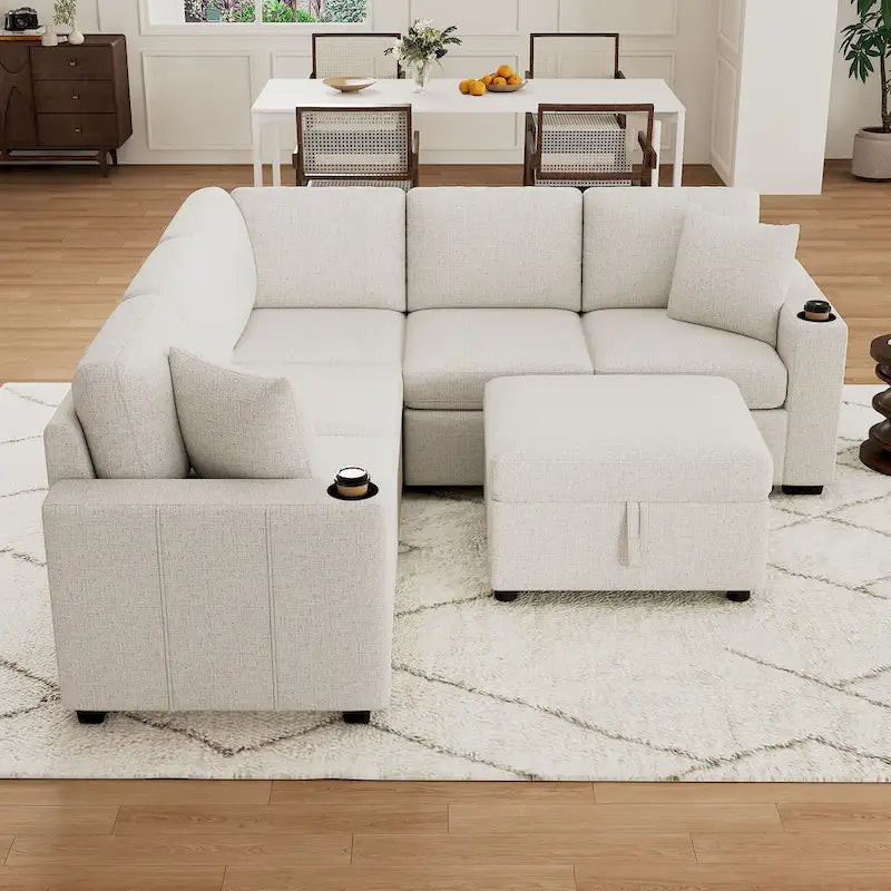Narożna rozkładana sofa w kształcie litery L z funkcją relaksu, 2 portami USB, 2 gniazdkami elektrycznymi i ruchomą otomaną z pojemnikiem