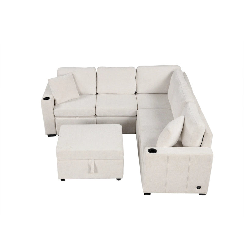 Narożna rozkładana sofa w kształcie litery L z funkcją relaksu, 2 portami USB, 2 gniazdkami elektrycznymi i ruchomą otomaną z pojemnikiem