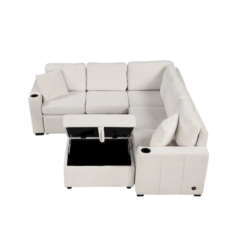 Narożna rozkładana sofa w kształcie litery L z funkcją relaksu, 2 portami USB, 2 gniazdkami elektrycznymi i ruchomą otomaną z pojemnikiem