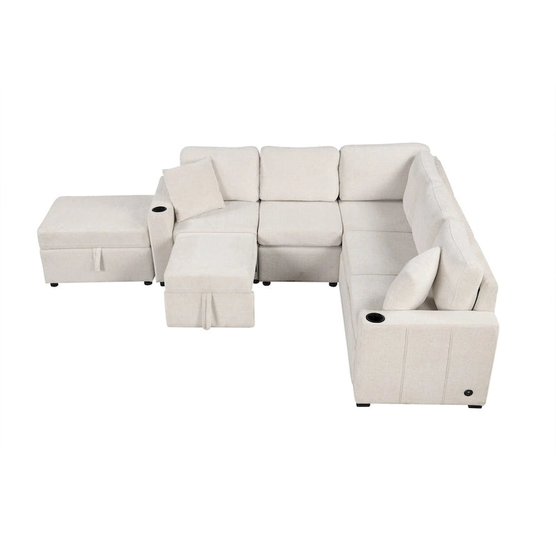 Narożna rozkładana sofa w kształcie litery L z funkcją relaksu, 2 portami USB, 2 gniazdkami elektrycznymi i ruchomą otomaną z pojemnikiem