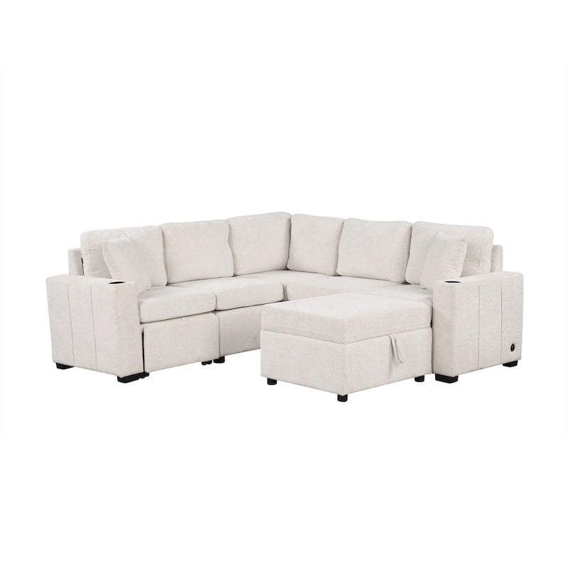 Narożna rozkładana sofa w kształcie litery L z funkcją relaksu, 2 portami USB, 2 gniazdkami elektrycznymi i ruchomą otomaną z pojemnikiem