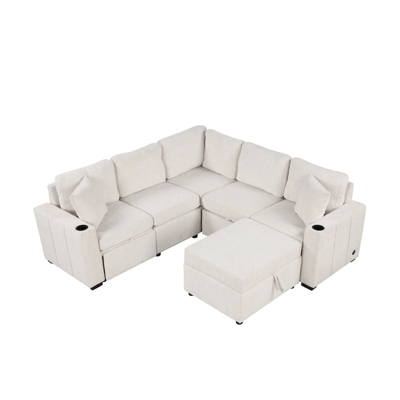 Narożna rozkładana sofa w kształcie litery L z funkcją relaksu, 2 portami USB, 2 gniazdkami elektrycznymi i ruchomą otomaną z pojemnikiem