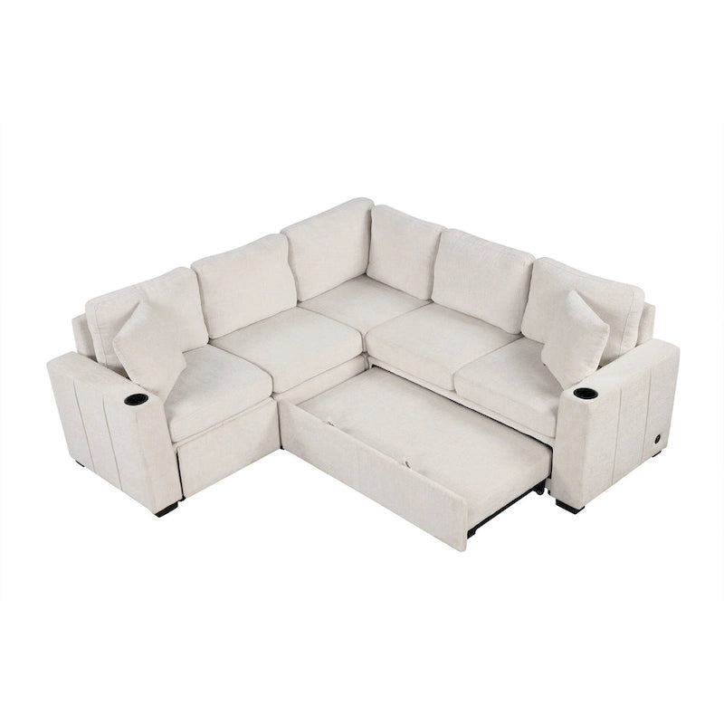 Narożna rozkładana sofa w kształcie litery L z funkcją relaksu, 2 portami USB, 2 gniazdkami elektrycznymi i ruchomą otomaną z pojemnikiem