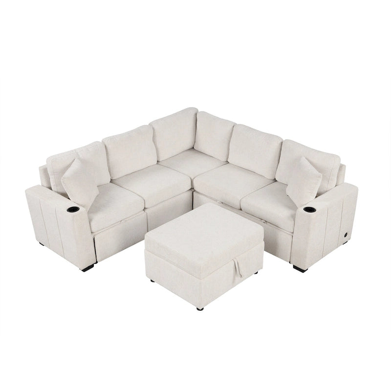 Narożna rozkładana sofa w kształcie litery L z funkcją relaksu, 2 portami USB, 2 gniazdkami elektrycznymi i ruchomą otomaną z pojemnikiem