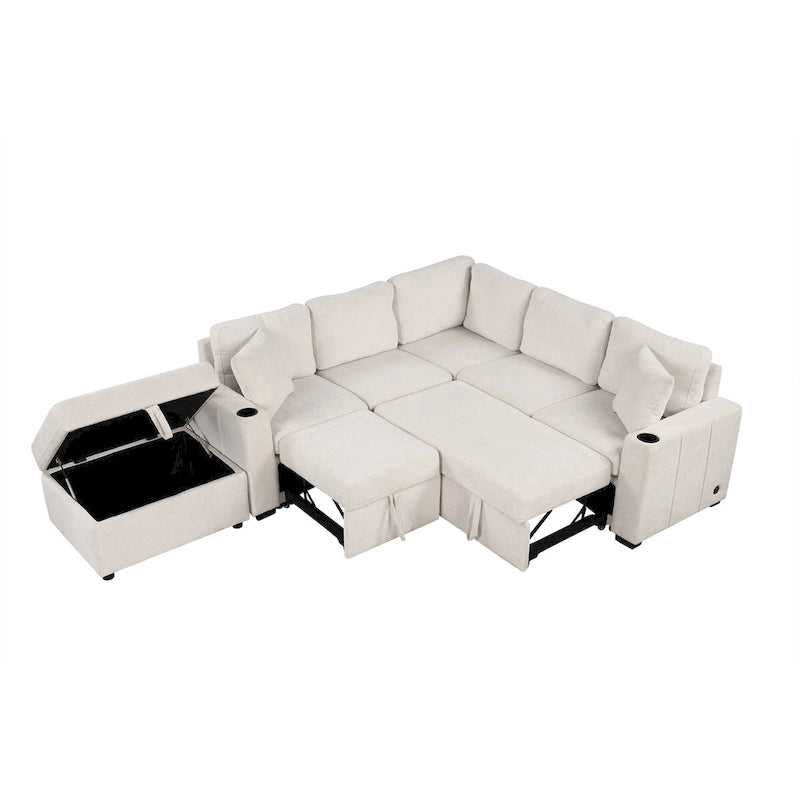 Narożna rozkładana sofa w kształcie litery L z funkcją relaksu, 2 portami USB, 2 gniazdkami elektrycznymi i ruchomą otomaną z pojemnikiem