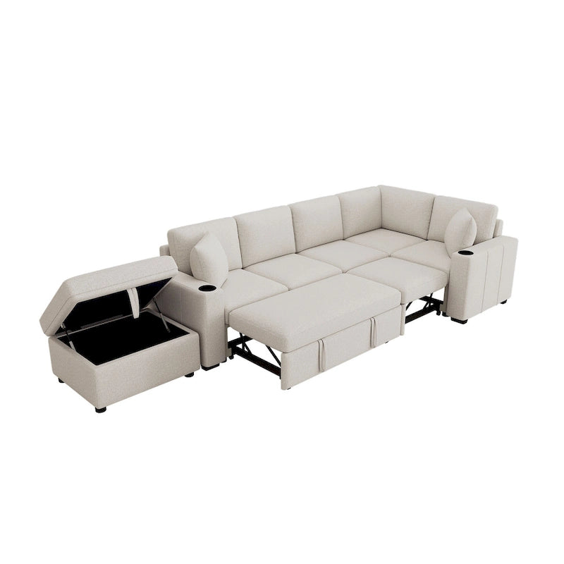 Narożna rozkładana sofa w kształcie litery L z funkcją relaksu, 2 portami USB, 2 gniazdkami elektrycznymi i ruchomą otomaną z pojemnikiem