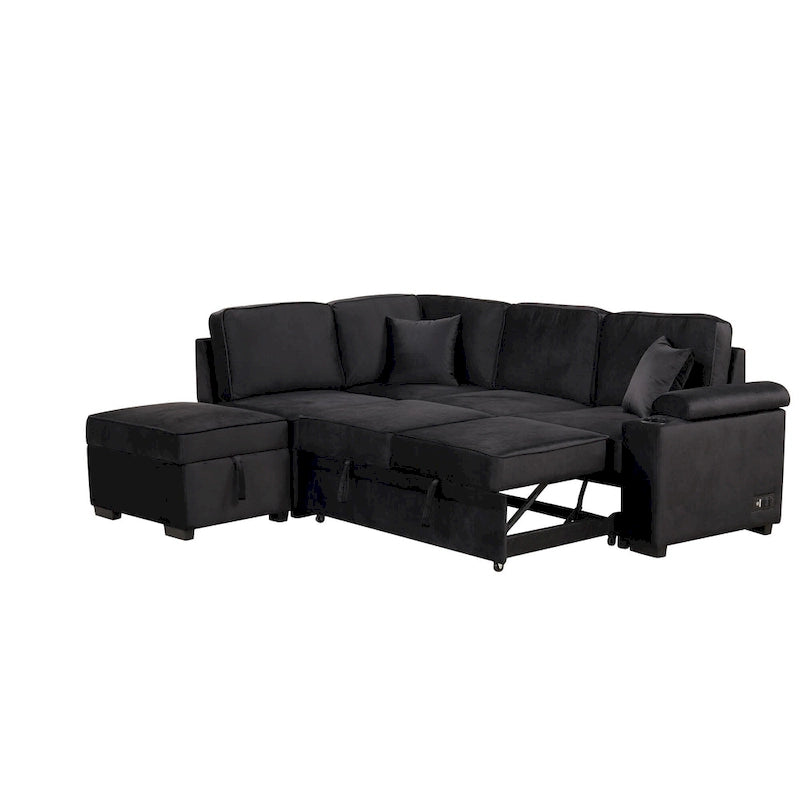 Narożna rozkładana sofa w kształcie litery L z funkcją relaksu, 2 portami USB, 2 gniazdkami elektrycznymi i ruchomą otomaną z pojemnikiem