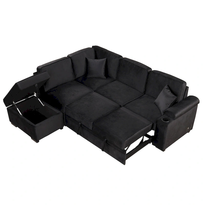 Narożna rozkładana sofa w kształcie litery L z funkcją relaksu, 2 portami USB, 2 gniazdkami elektrycznymi i ruchomą otomaną z pojemnikiem