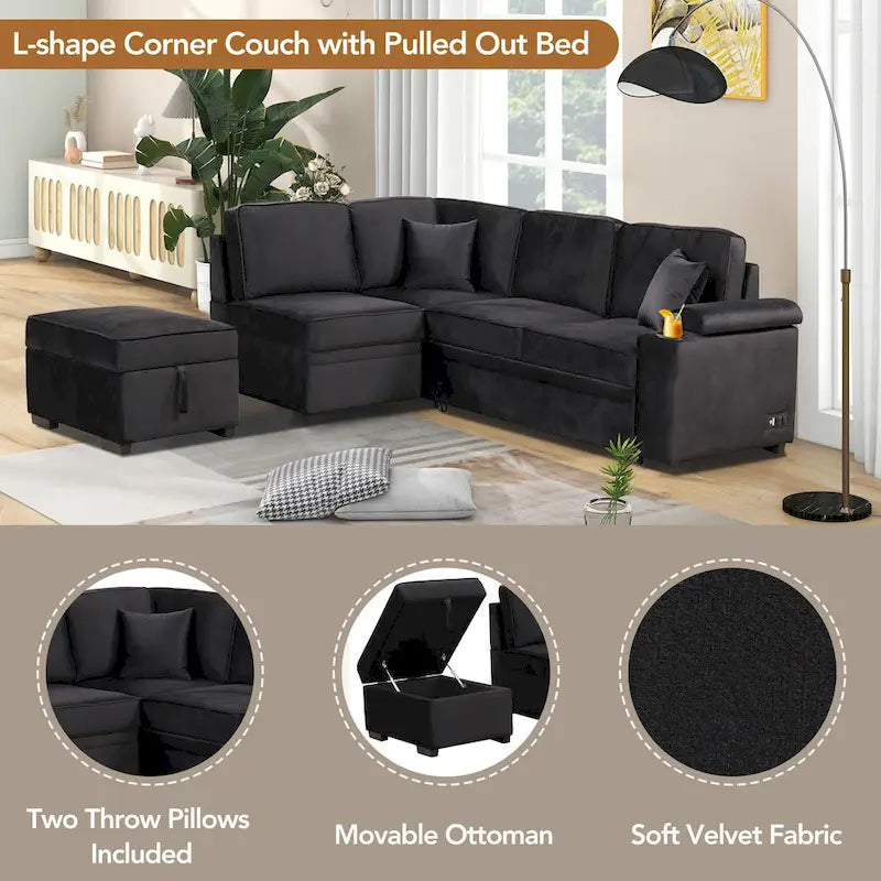Narożna rozkładana sofa w kształcie litery L z funkcją relaksu, 2 portami USB, 2 gniazdkami elektrycznymi i ruchomą otomaną z pojemnikiem