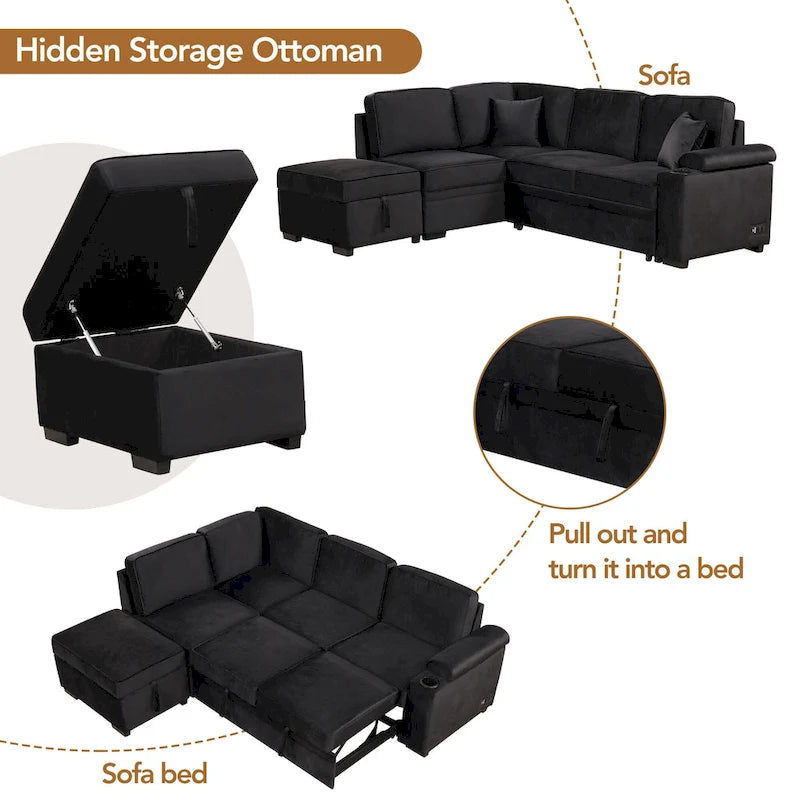 Narożna rozkładana sofa w kształcie litery L z funkcją relaksu, 2 portami USB, 2 gniazdkami elektrycznymi i ruchomą otomaną z pojemnikiem