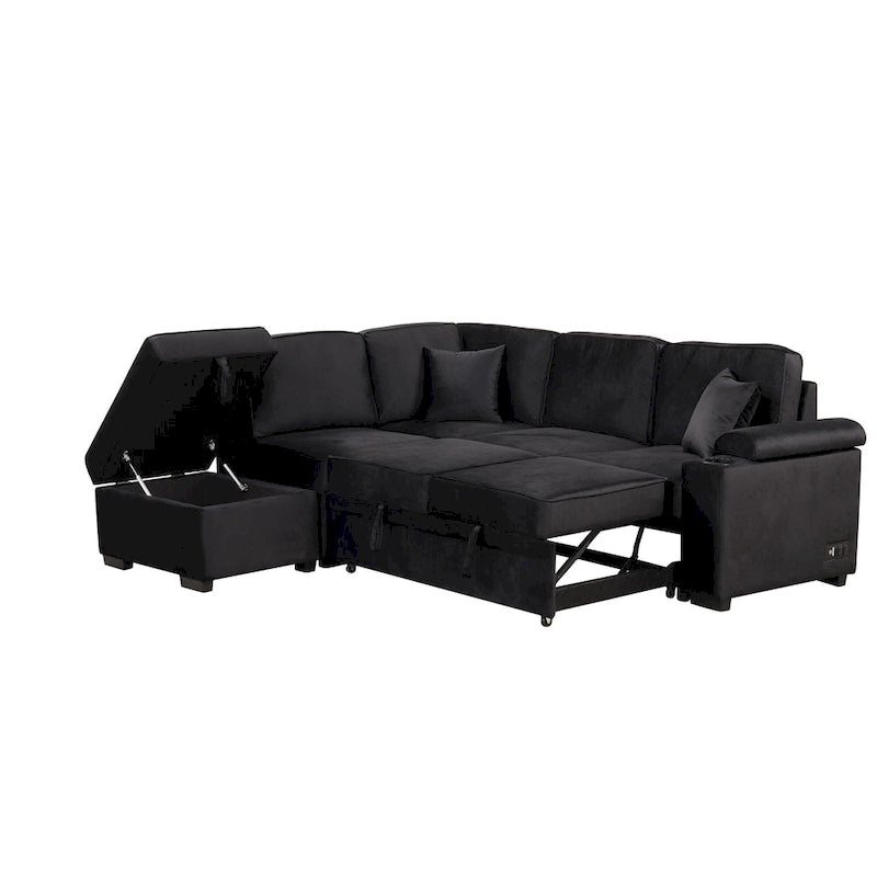 Narożna rozkładana sofa w kształcie litery L z funkcją relaksu, 2 portami USB, 2 gniazdkami elektrycznymi i ruchomą otomaną z pojemnikiem