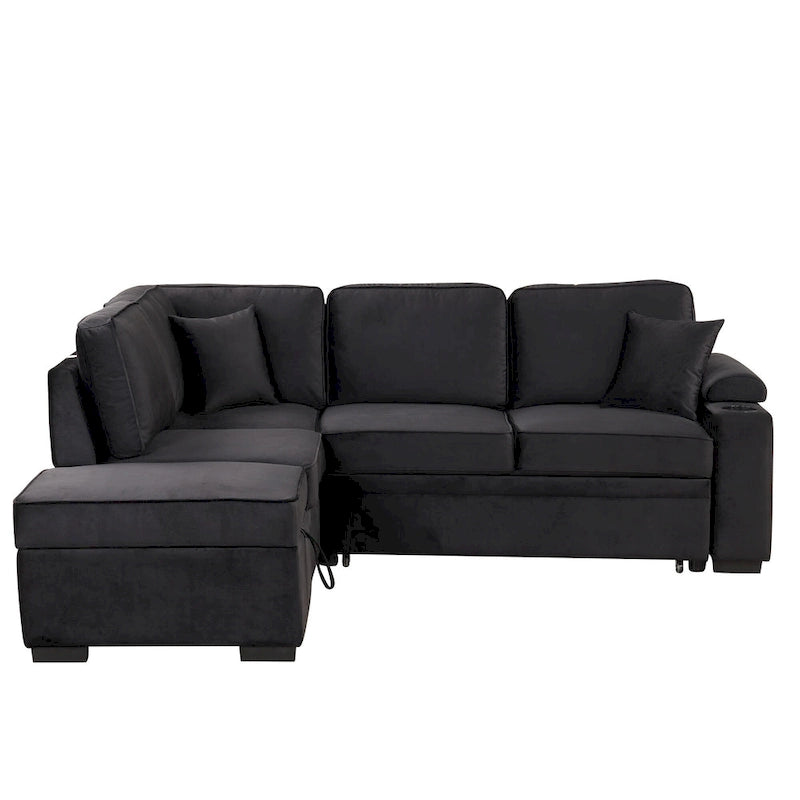 Narożna rozkładana sofa w kształcie litery L z funkcją relaksu, 2 portami USB, 2 gniazdkami elektrycznymi i ruchomą otomaną z pojemnikiem