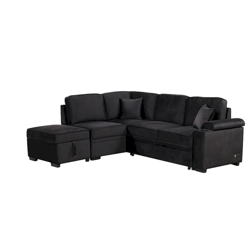 Narożna rozkładana sofa w kształcie litery L z funkcją relaksu, 2 portami USB, 2 gniazdkami elektrycznymi i ruchomą otomaną z pojemnikiem