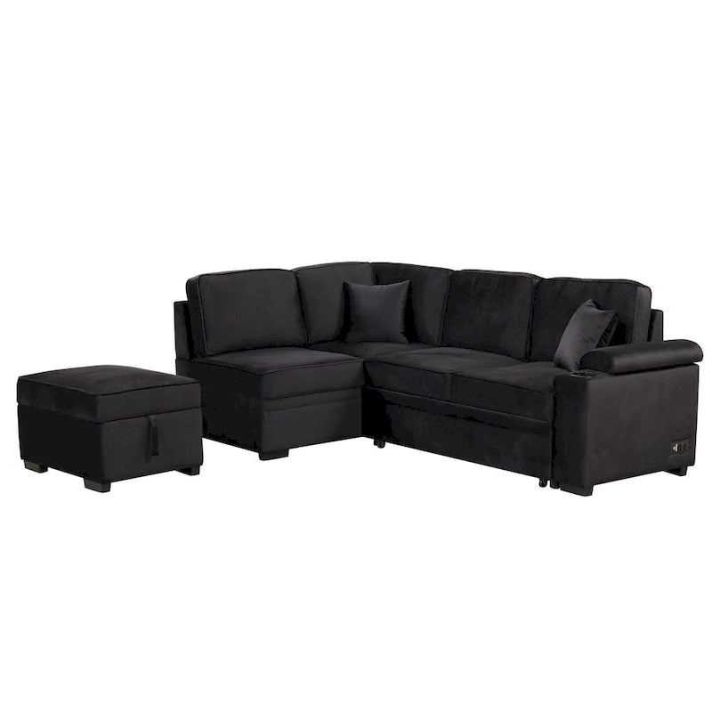 Narożna rozkładana sofa w kształcie litery L z funkcją relaksu, 2 portami USB, 2 gniazdkami elektrycznymi i ruchomą otomaną z pojemnikiem
