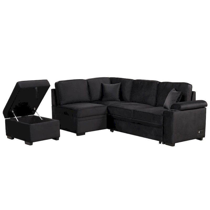 Narożna rozkładana sofa w kształcie litery L z funkcją relaksu, 2 portami USB, 2 gniazdkami elektrycznymi i ruchomą otomaną z pojemnikiem