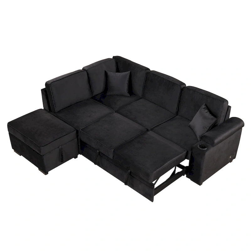 Narożna rozkładana sofa w kształcie litery L z funkcją relaksu, 2 portami USB, 2 gniazdkami elektrycznymi i ruchomą otomaną z pojemnikiem