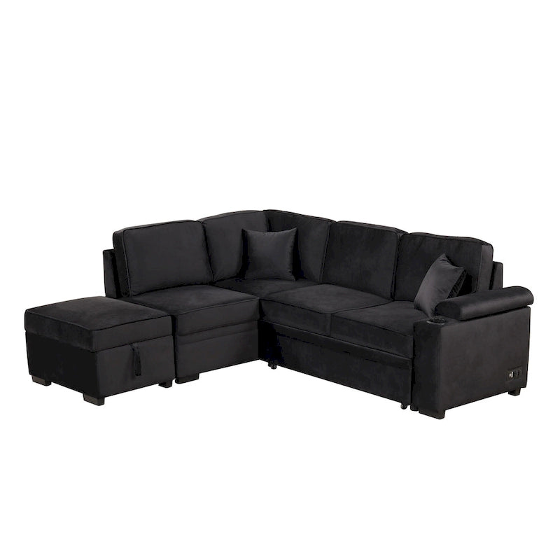 Narożna rozkładana sofa w kształcie litery L z funkcją relaksu, 2 portami USB, 2 gniazdkami elektrycznymi i ruchomą otomaną z pojemnikiem