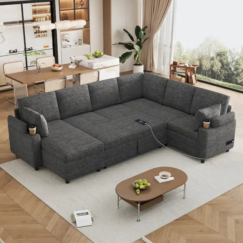 Sofa modułowa w kształcie litery U z chenille, z 2 uchwytami na kubki i portami ładowania, sofa rozkładana do salonu