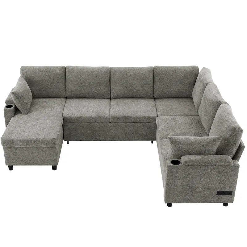 Sofa modułowa w kształcie litery U z chenille, z 2 uchwytami na kubki i portami ładowania, sofa rozkładana do salonu