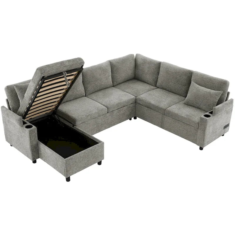 Sofa modułowa w kształcie litery U z chenille, z 2 uchwytami na kubki i portami ładowania, sofa rozkładana do salonu