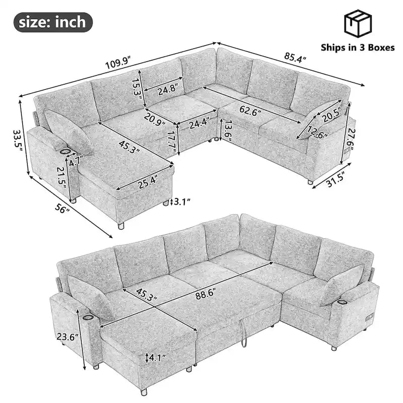 Sofa modułowa w kształcie litery U z chenille, z 2 uchwytami na kubki i portami ładowania, sofa rozkładana do salonu
