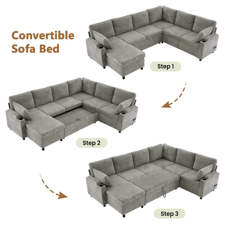 Sofa modułowa w kształcie litery U z chenille, z 2 uchwytami na kubki i portami ładowania, sofa rozkładana do salonu