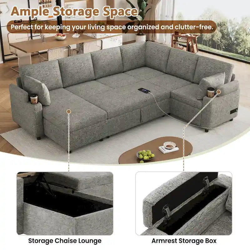Sofa modułowa w kształcie litery U z chenille, z 2 uchwytami na kubki i portami ładowania, sofa rozkładana do salonu